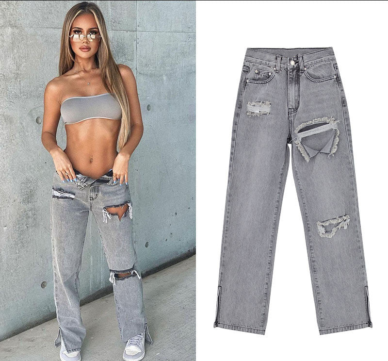 Damen lässige Ripped Jeans mit hoher Taille und modernen Fransen