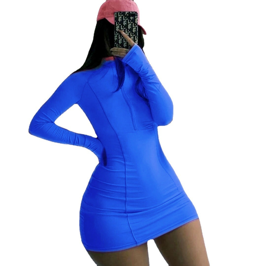 Damen Figurbetontes Langarm-Minikleid mit Stehkragen und Frontreißverschluss Shop Nory
