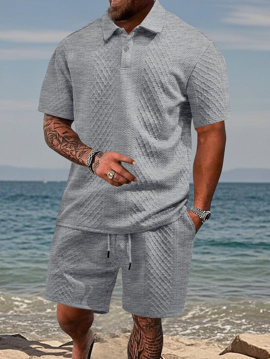 Herren nan geprägtes Strand-Ensemble mit offenem Kurzarm-Hemd und Kordel-Bermuda