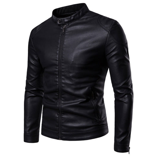 Herren Slim-Fit Kunstleder-Motorradblouson mit Stehkragen und ergonomischer Schultersteppung Shop Nory