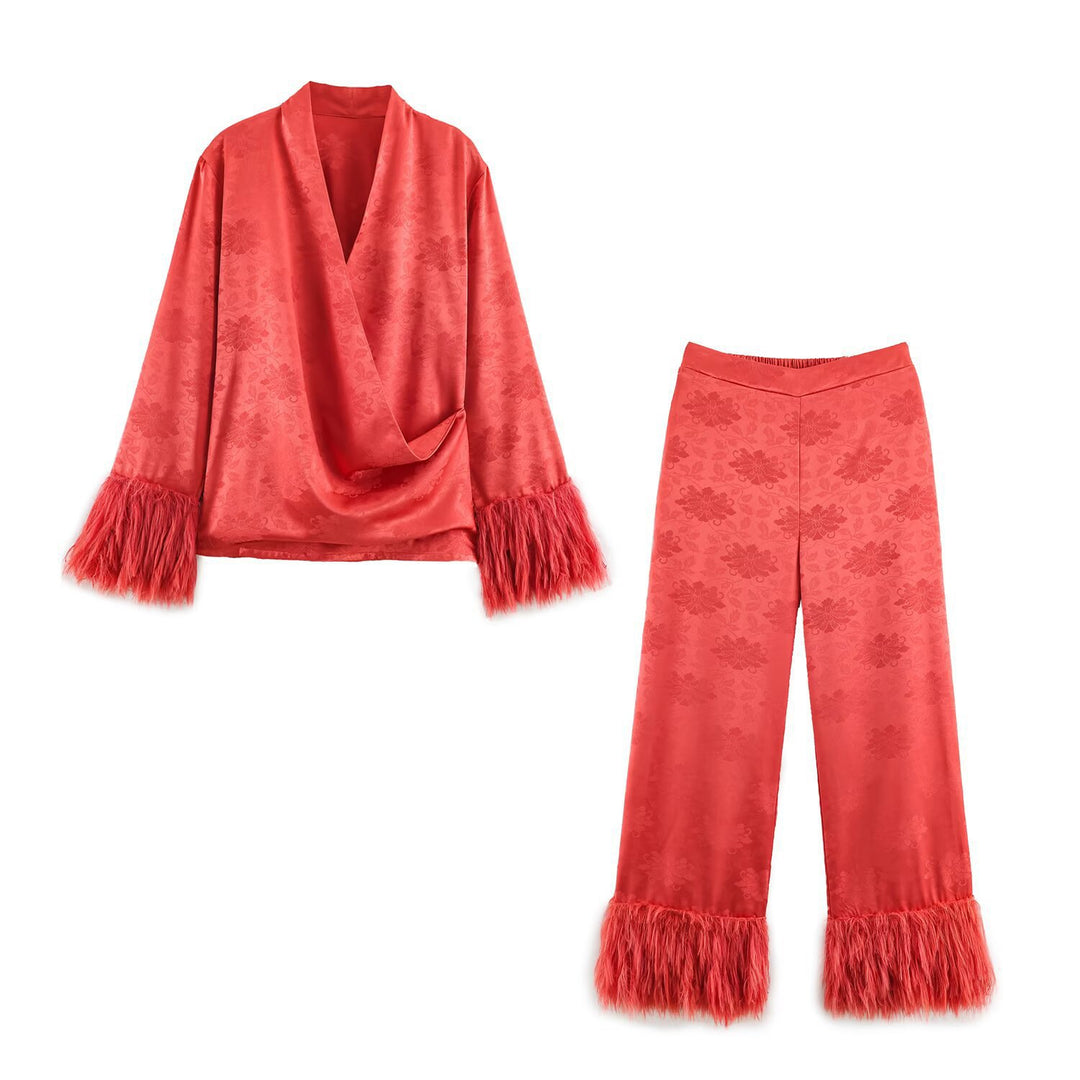 Damen hochtaillierte Satinhose mit Jacquard‑Blütenmuster und Federfransen Shop Nory