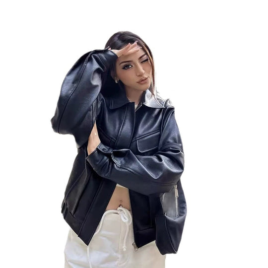 Damen Kurz geschnittene Kunstlederjacke im Boxy Cut mit voluminösen Ballonärmeln Shop Nory