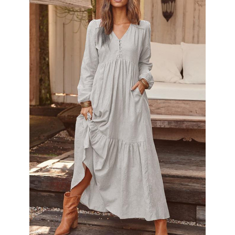 Damen Langes Stufenkleid aus Leinenmix mit V-Ausschnitt und Eingrifftaschen Shop Nory