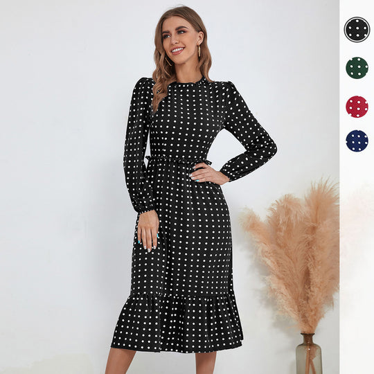 Damen Midikleid im Retro-Polka-Dot-Stil mit Stehkragen, taillierter Raffung und Volant Shop Nory