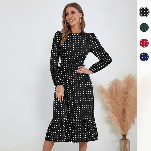 Damen Midikleid im Retro-Polka-Dot-Stil mit Stehkragen, taillierter Raffung und Volant Shop Nory