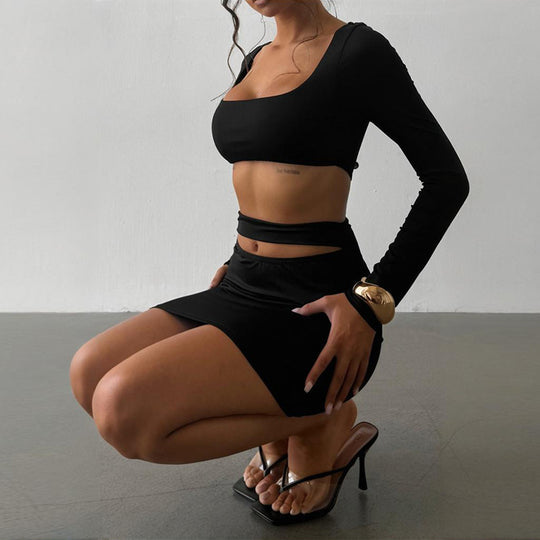 Damen Figurbetontes Cut-Out Minikleid mit quadratischem Ausschnitt und langen Ärmeln Shop Nory