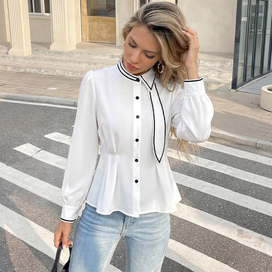 Damen Taillierte Bluse mit Bindeschal, Stehkragen und dekorativer Knopfleiste Shop Nory