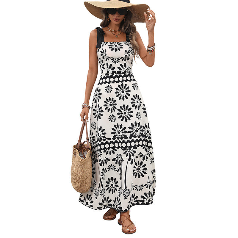 Damen Langes Maxikleid mit geblümtem Print, verstellbaren Schleifen-Trägern und taillierter Stufenrock‑Silhouette Shop Nory