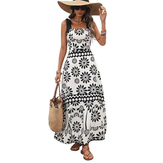 Damen Langes Maxikleid mit geblümtem Print, verstellbaren Schleifen-Trägern und taillierter Stufenrock‑Silhouette Shop Nory