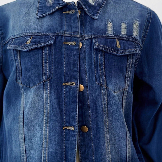 Damen Oversize Longline-Denimjacke mit Distressed-Details und Pattentaschen Shop Nory