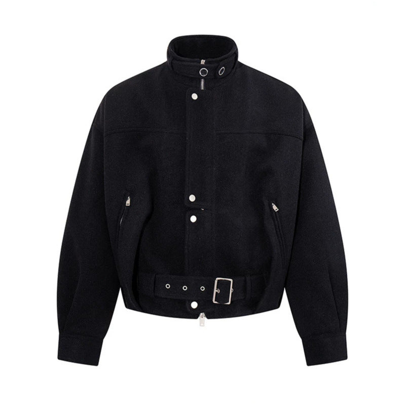Damen kurze Woll-Bomberjacke mit hohem Stehkragen, Taillengürtel und verdeckter Reißverschluss Shop Nory