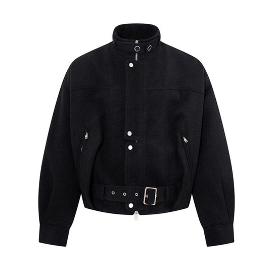 Damen kurze Woll-Bomberjacke mit hohem Stehkragen, Taillengürtel und verdeckter Reißverschluss Shop Nory