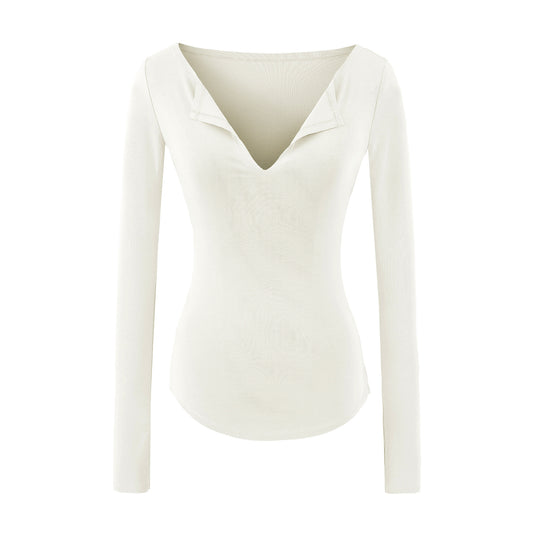 Damen Figurbetontes Rippenstrick-Longsleeve mit tiefem V‑Ausschnitt und Kragenblende Shop Nory