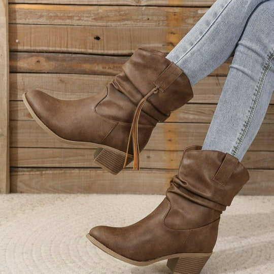 Damen kniehohe Fransen-Cowboystiefel mit feiner Perlenfransen-Verzierung und geformtem Blockabsatz Shop Nory