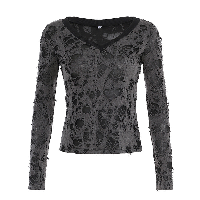 Damen nan transparentes Distressed-Spitzenshirt mit V-Ausschnitt, langärmeligem Layer-Look und innenliegendem Cami Shop Nory