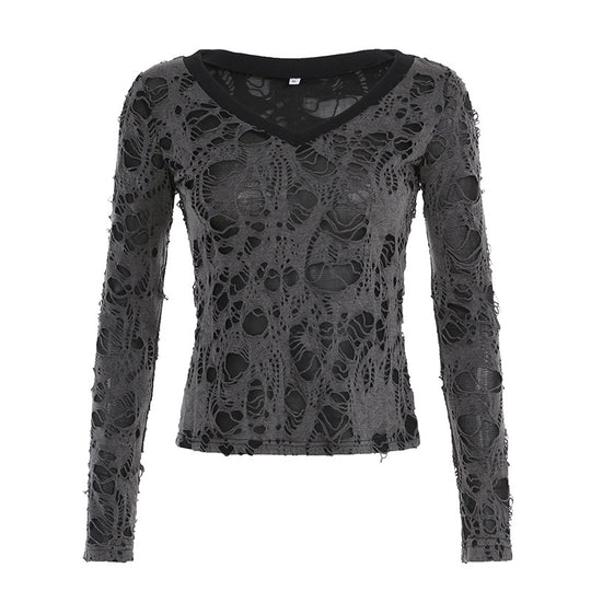 Damen nan transparentes Distressed-Spitzenshirt mit V-Ausschnitt, langärmeligem Layer-Look und innenliegendem Cami Shop Nory