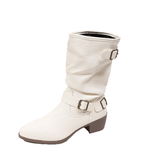 Damen Stiefeletten mit mittelhohem Blockabsatz und lässigem Slouch-Schaft Shop Nory