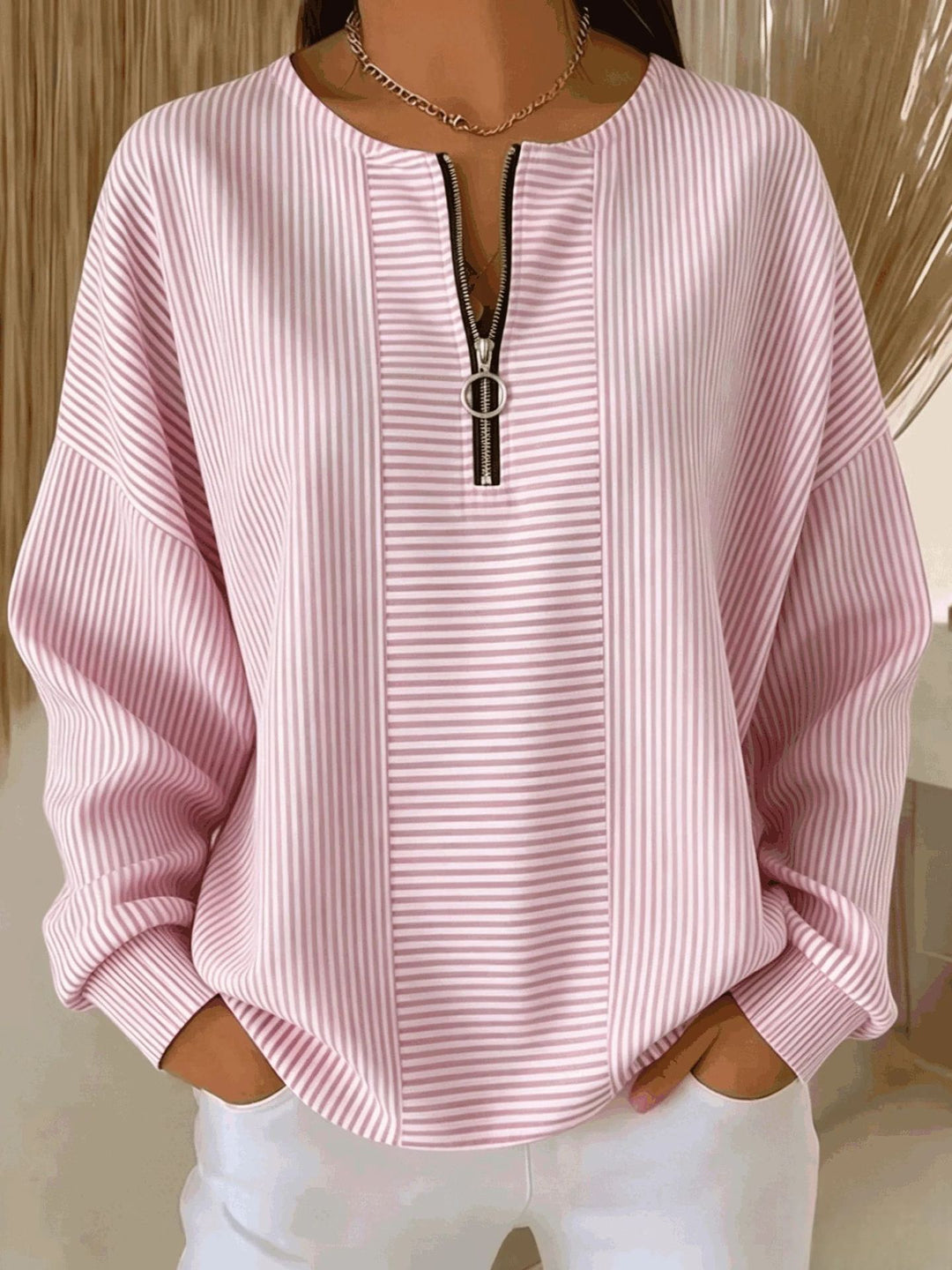 Damen Oversize Pullover mit feiner Rippstruktur und kurzem Zipper Shop Nory
