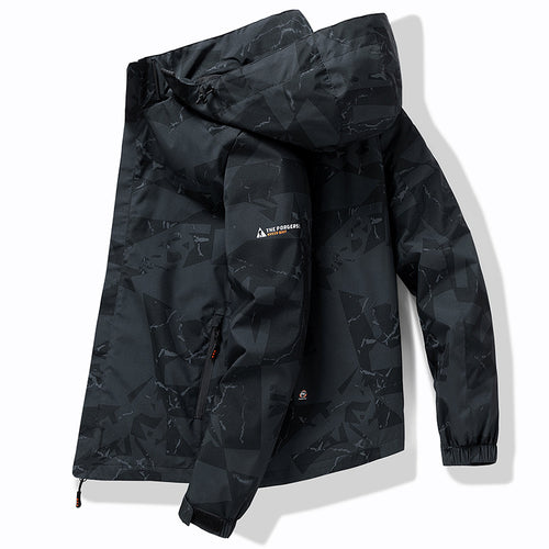 Herren Technische wasserdichte Kapuzenjacke mit grafischem Camouflage‑Print, Reißverschlusstaschen und verstellbarem Saum Shop Nory
