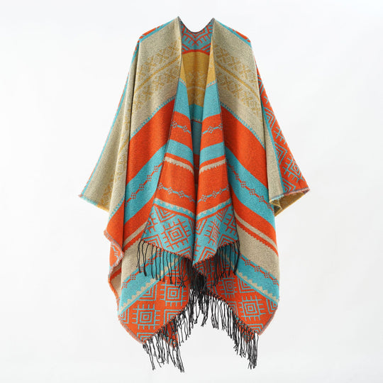 Damen Woven Jacquard-Poncho mit geometrischem Ethno-Muster und Fransensaum Shop Nory