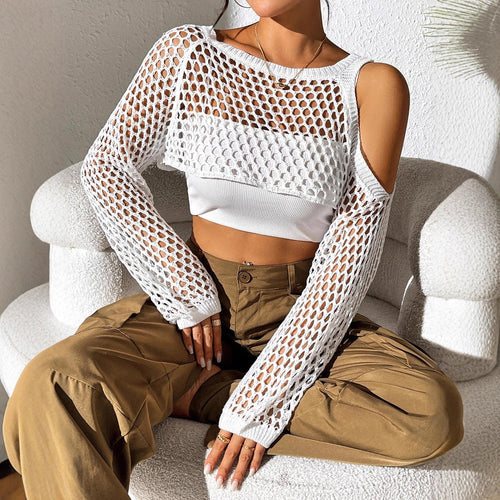 Damen gestricktes Netzoberteil mit offenen Schultern und modischem Design