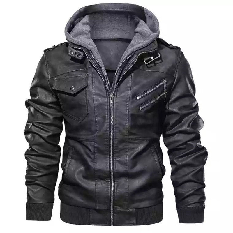 Herren Kunstleder-Bomberjacke mit Kapuzen-Inlay, Mehrfach-Reißverschlusstaschen und Rippbündchen Shop Nory