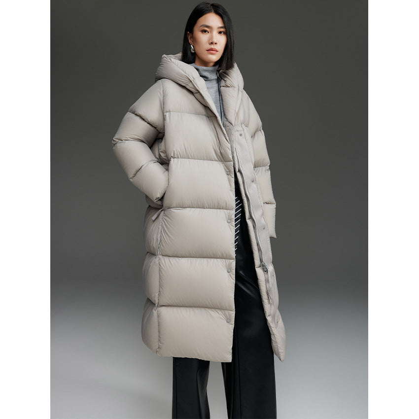 Damen Extra-langer wattierter Steppmantel mit Kapuze, Thermo-Füllung und Zwei-Wege-Reißverschluss Shop Nory