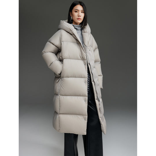 Damen Extra-langer wattierter Steppmantel mit Kapuze, Thermo-Füllung und Zwei-Wege-Reißverschluss Shop Nory