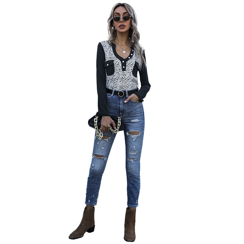 Damen Langarmshirt im Animal-Print mit kontrastierenden Ärmeln, Knopfleiste und Brusttaschen Shop Nory