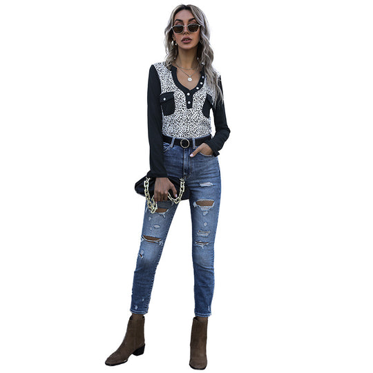 Damen Langarmshirt im Animal-Print mit kontrastierenden Ärmeln, Knopfleiste und Brusttaschen Shop Nory