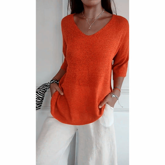 Damen nan locker sitzender V-Ausschnitt Feinstrickpullover mit dreiviertelÄrmeln Shop Nory