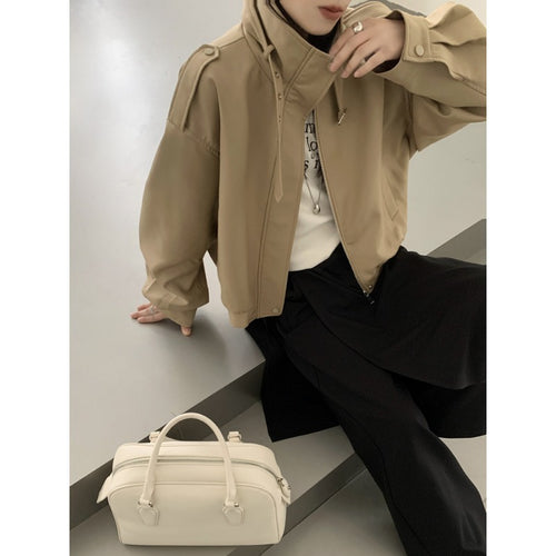 Damen Kurze Bomberjacke im Trench-Style mit hohem Stehkragen und Schulterpatten Shop Nory