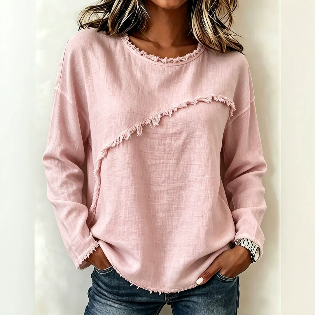 Damen Legeres Longsleeve mit diagonaler Fransenapplikation und ausgefranstem Rundhals Shop Nory
