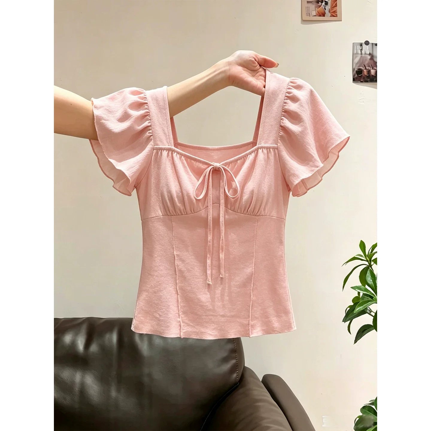 Damen Kurzarm Bluse mit Raffung und Kordelzug