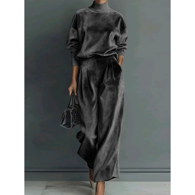 Damen Zweiteiliges Samt-Loungewear-Set mit Stehkragen und Plissee-Palazzohose Shop Nory