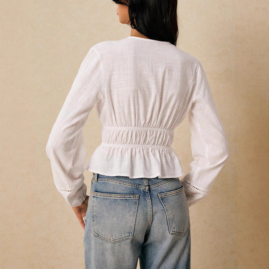 Damen Leichte Baumwoll-Leinen Bluse mit V-Ausschnitt, Tunnelzug und Rüschensaum Shop Nory