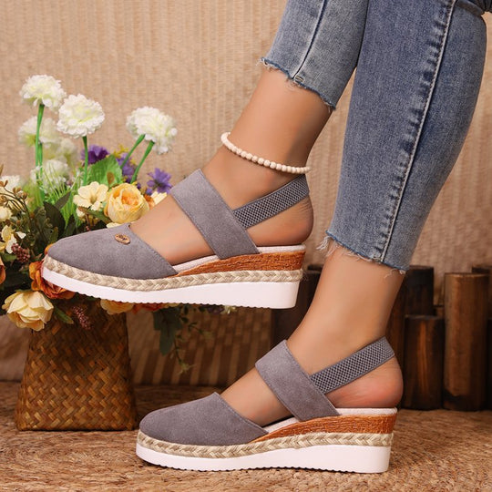 Damen Bequeme Espadrilles mit elastischen Riemen und dekorativem Bastbesatz