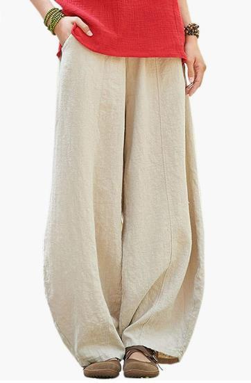 Damen weite Leinenhose mit elastischem Bund und praktischen Taschen