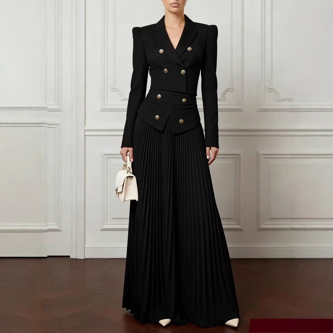 Damen Zweiteiliges tailliertes Kostüm mit Doppelreiher-Blazer und plissiertem Maxirock Shop Nory