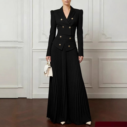 Damen Zweiteiliges tailliertes Kostüm mit Doppelreiher-Blazer und plissiertem Maxirock Shop Nory