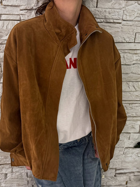 Damen Oversize Veloursleder-Blouson mit hohem Stehkragen und Metallreißverschluss Shop Nory