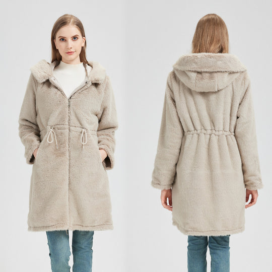 Damen nan taillierter langer Thermoparka mit Webpelzbesatz an Kapuze und Ärmeln sowie Kordeltaille Shop Nory