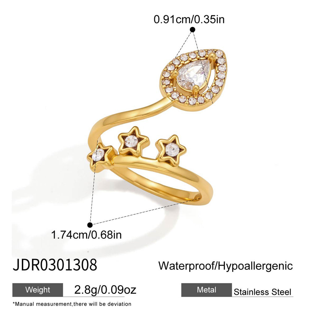 Damen Offener Ring mit funkelnden Sternen und tropfenförmigem Zirkonia Shop Nory