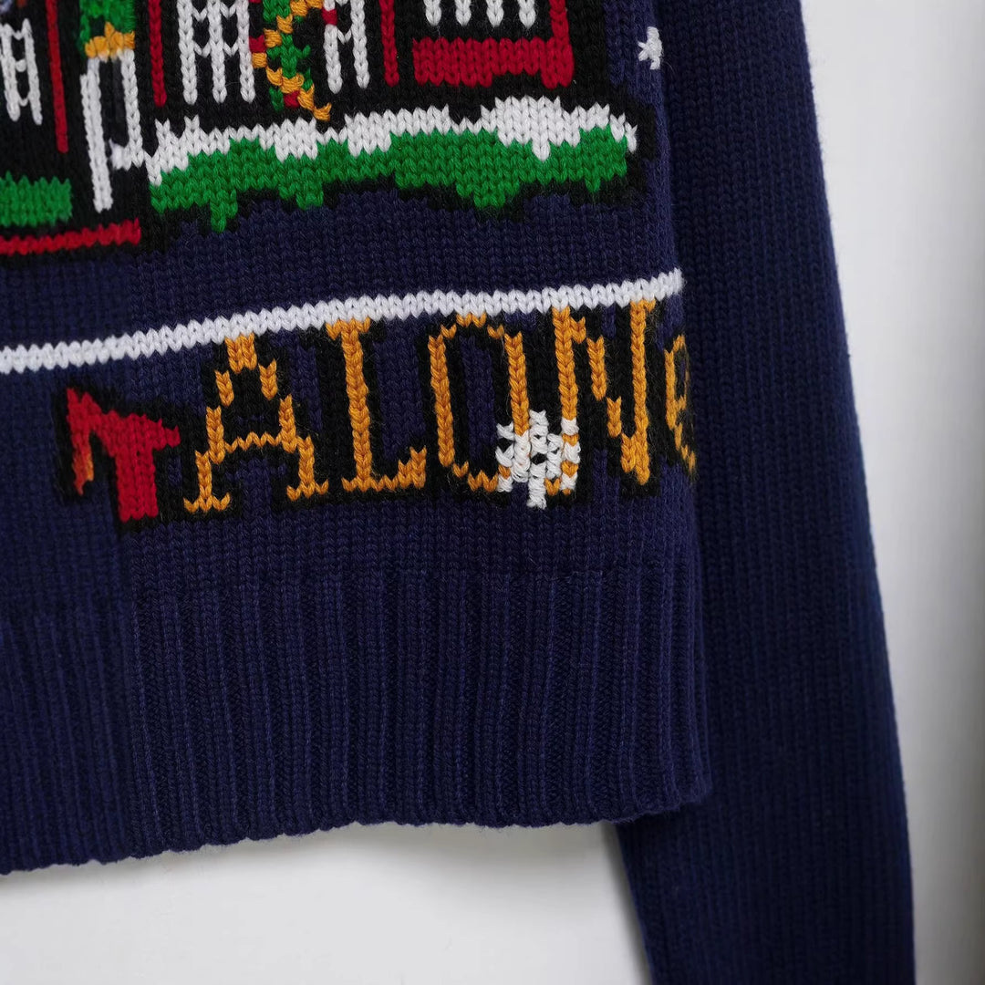 Damen Cropped-Weihnachtspullover mit Intarsia-Hausmotiv und Rundhalsausschnitt Shop Nory