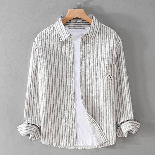 Herren Leichtes gestreiftes Baumwoll‑Leinen Layering‑Overshirt mit Kentkragen, Brusttasche und Crinkle‑Struktur Shop Nory