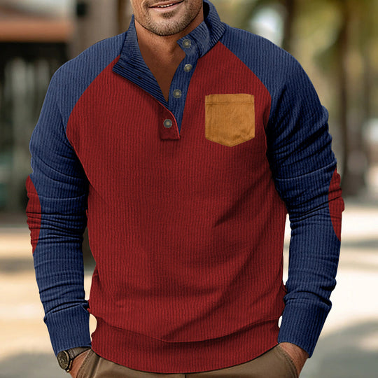 Herren Geripptes Henley‑Pullover mit Raglanärmeln, Ellenbogen‑Patches & Brusttasche Shop Nory