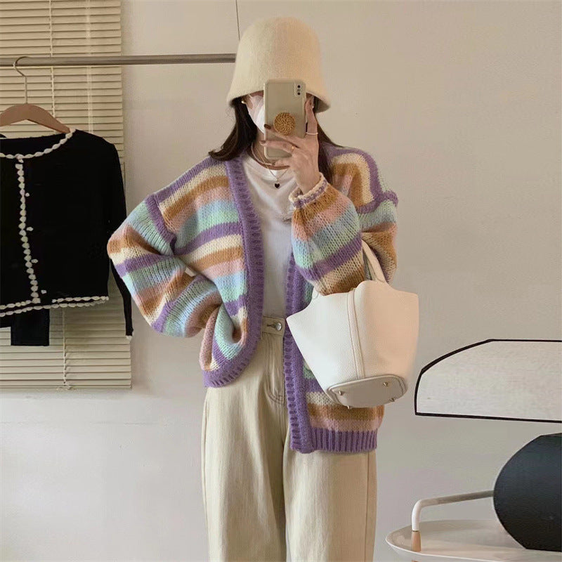 Damen Gemusterter Strickcardigan mit luftigen Ärmeln und sanften Farbverläufen