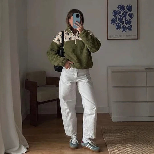 Damen Teddy-Fleece-Pullover mit Stehkragen, floralem Besatz und halbem Reißverschluss Shop Nory