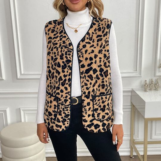 Damen Gefütterte Teddy‑Weste mit Leopardenmuster und aufgesetzten Taschen Shop Nory