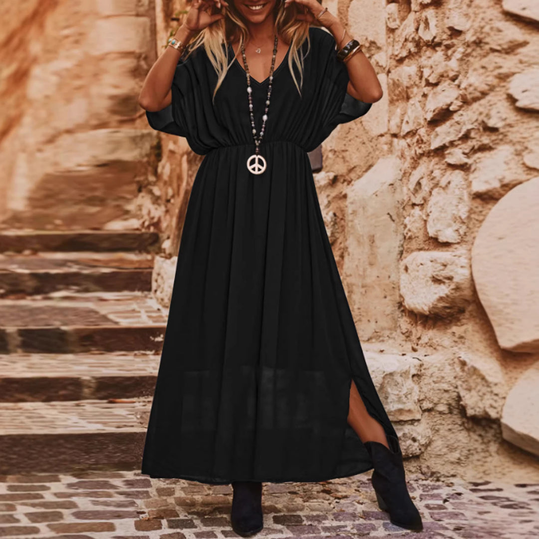 Damen Fließendes Maxikleid mit V-Ausschnitt, elastischem Taillenband und hohem Beinschlitz Shop Nory